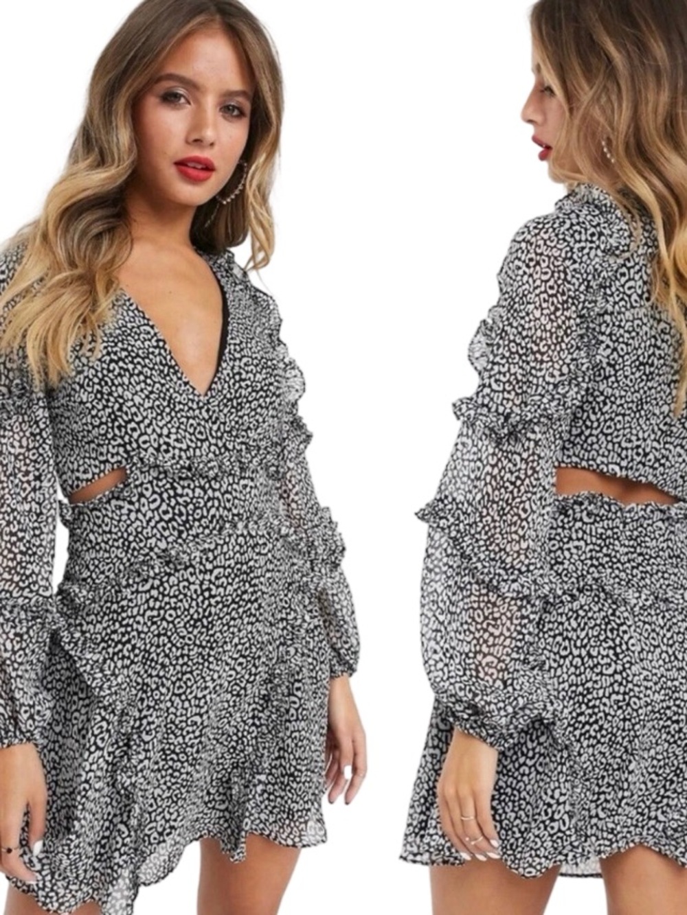 Bardot Black and White Leopard Print Cutout Long Puff Sleeve Ruffled VNeck Dress